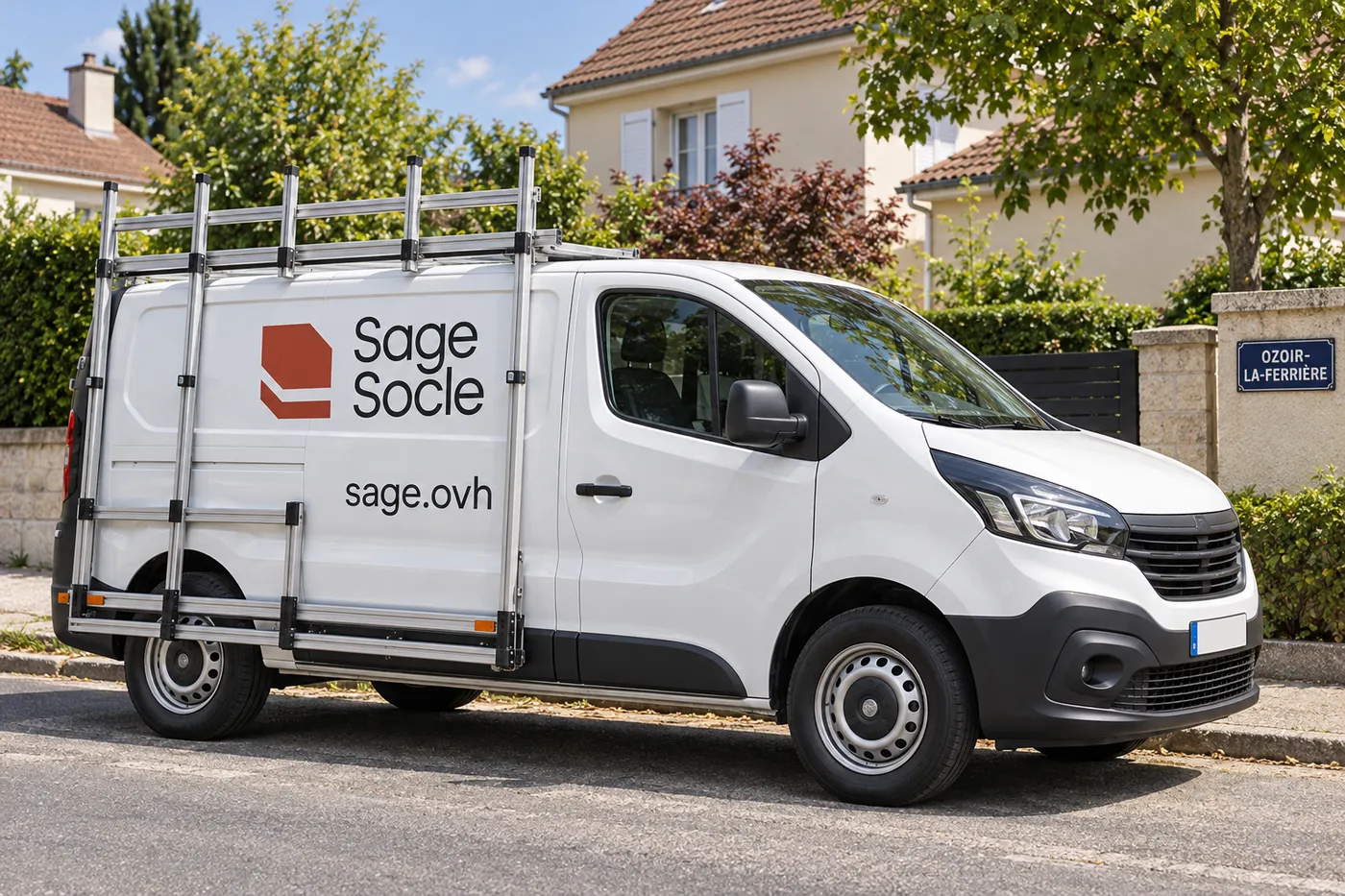 Utilitaire blanc aux couleurs de Sage Socle, avec l'adresse sage.ovh et un porte-vitres, garé dans une rue pavillonnaire d'Ozoir-la-Ferrière